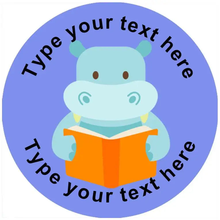 Cute hippo reading an orange book on a customizable reward sticker for classrooms