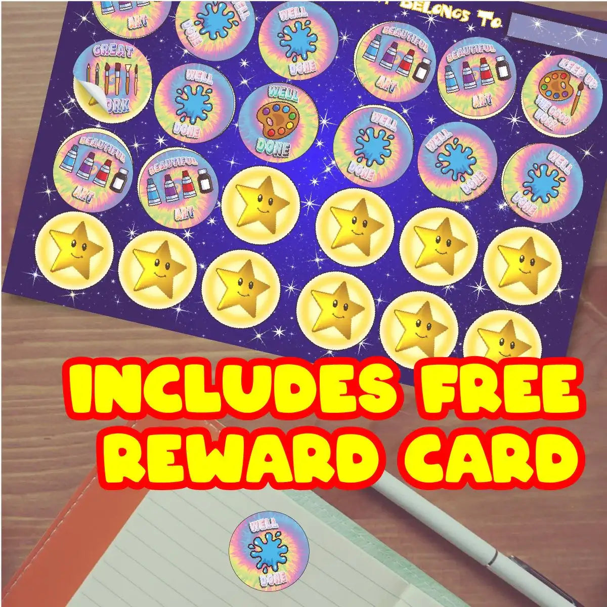 Colorful reward stickers sheet with stars and art designs, includes free reward card for students