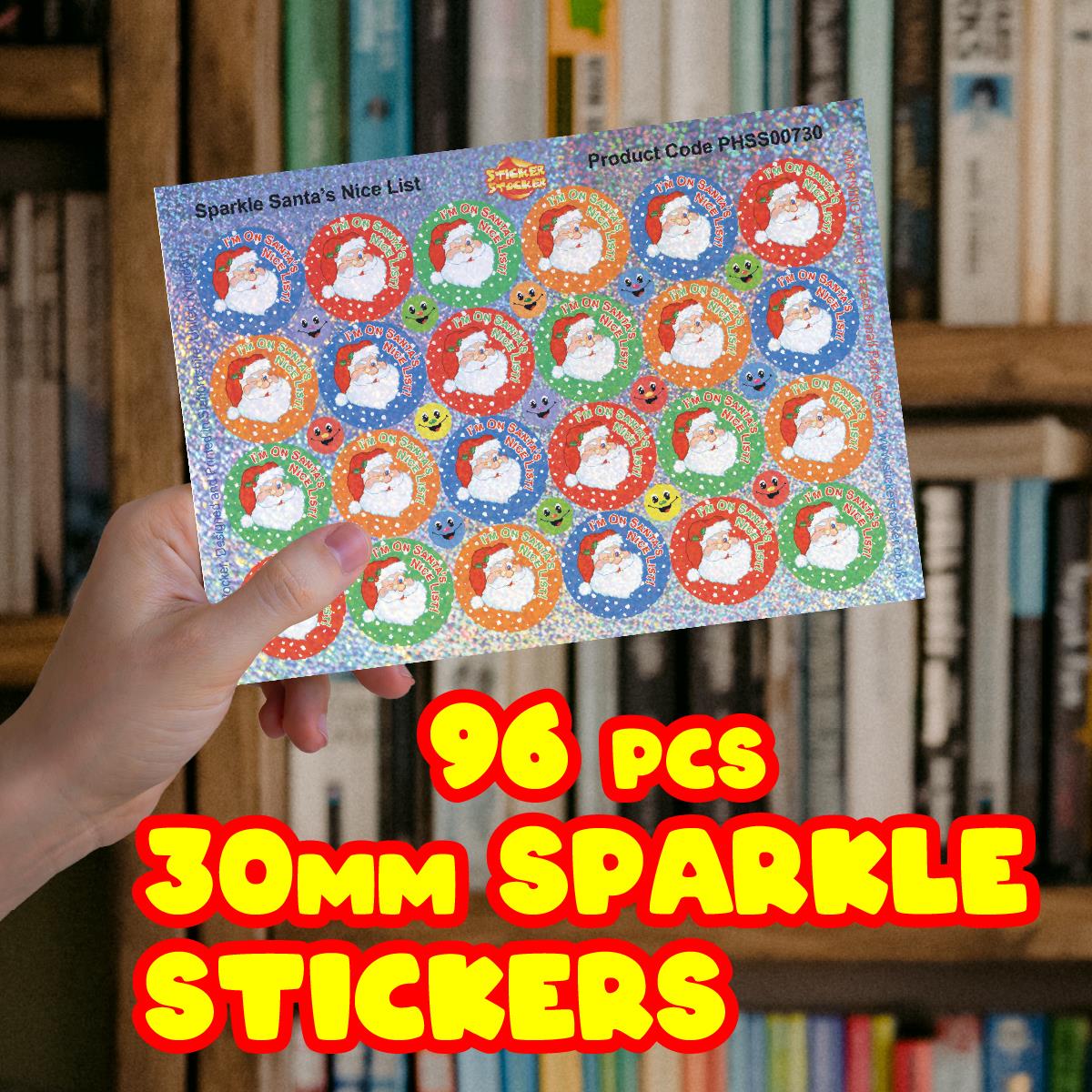 96 Sparkle Santa's Nice List Stickers 30mm + 60 Free Sparkle Smiles Reward Stickers for Teachers, Parents and Schools
