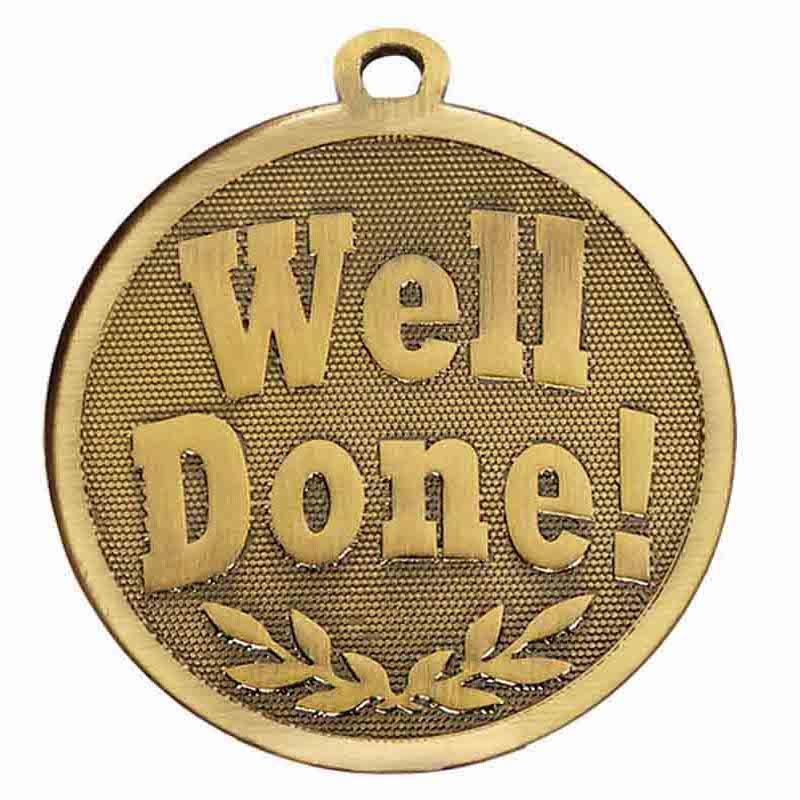 Well Done Medal with FREE Ribbon and Certificate 45mm Metal Gold
