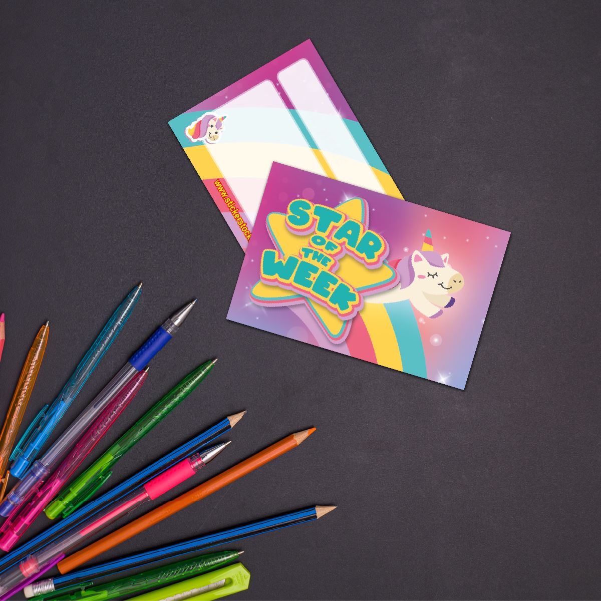 30 Unicorn Star of the Week award cards for school teachers, wallet sized glossy reward cards