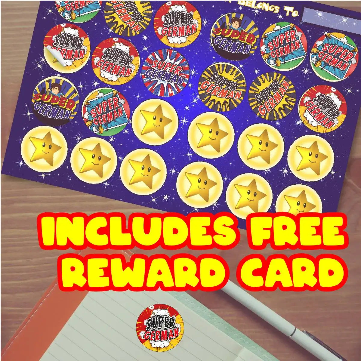 Super German themed reward stickers sheet with gold stars and free reward card for classroom use.