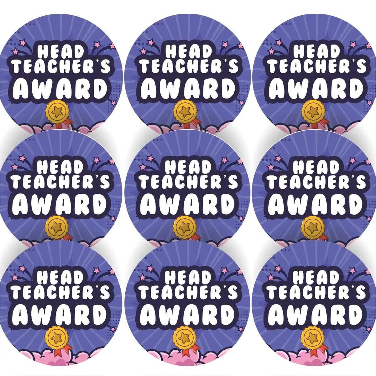 Head Teacher's Award reward stickers with purple background and gold star badge