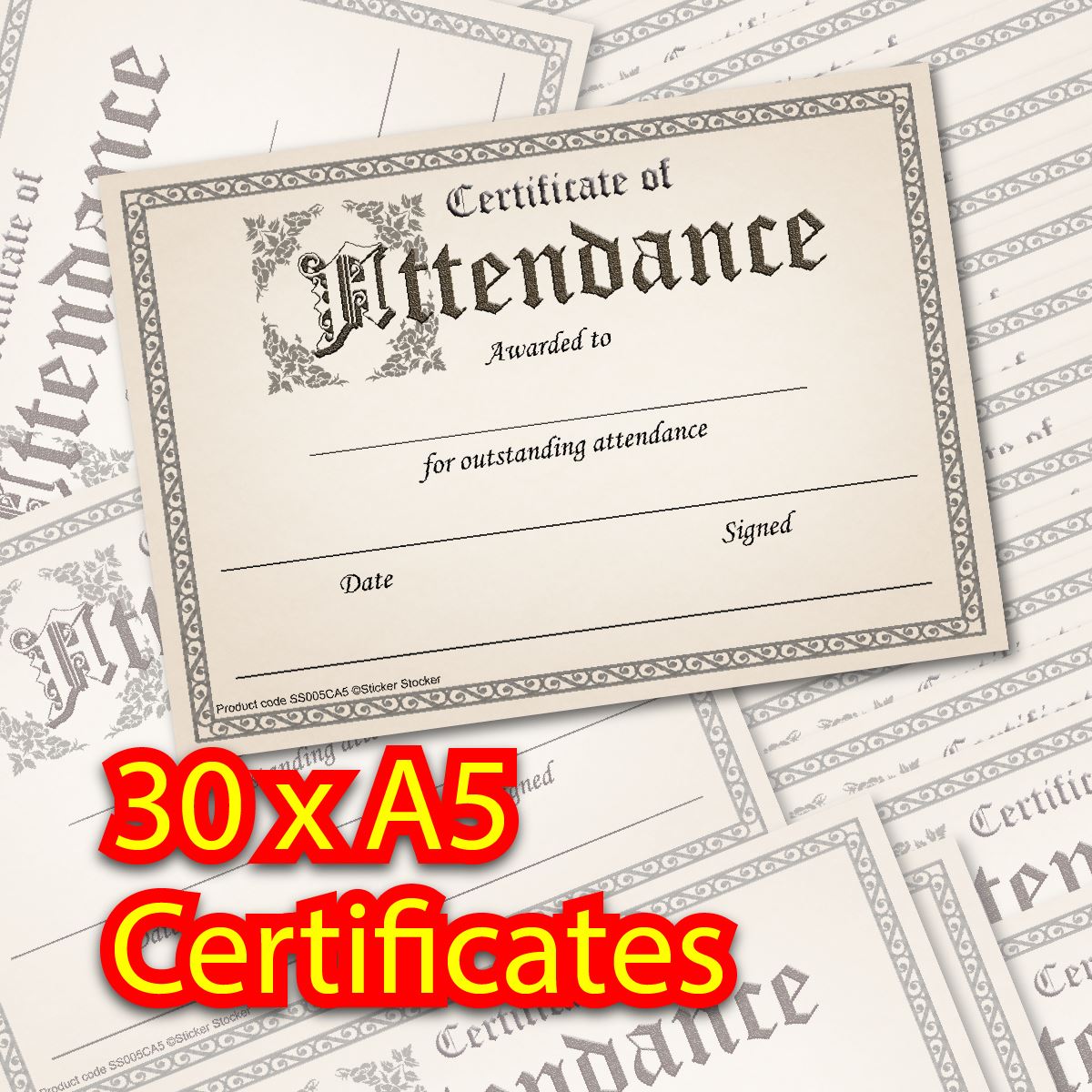 30 Certificate of Attendance award certificates for school teachers, 250gsm A5 silk finish card