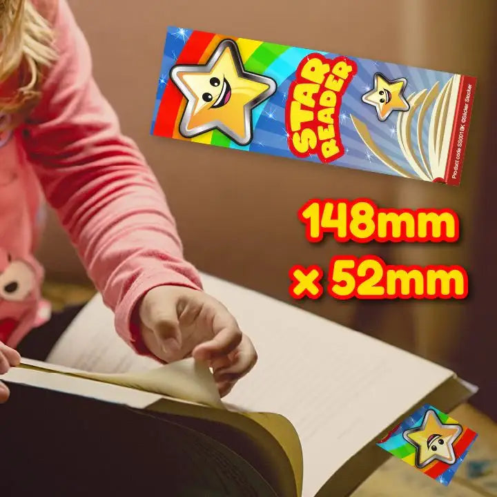 Child reading a book with colorful Star Reader reward bookmark, 148mm x 52mm size.