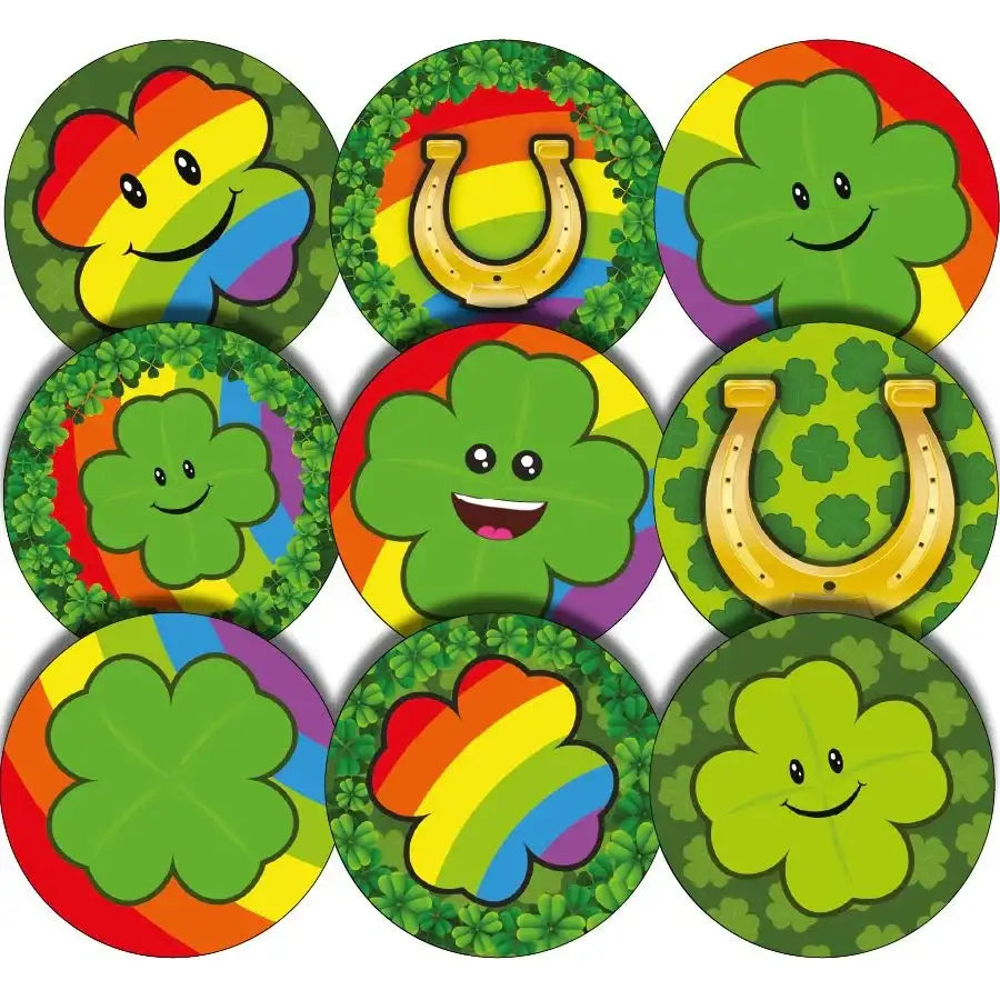 Colorful shamrock and horseshoe stickers with rainbows, clover leaves, and smiling faces