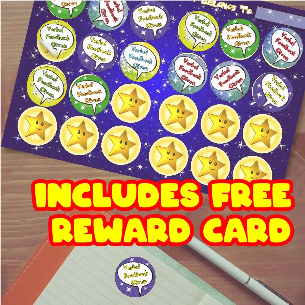 Sheet of star and verbal feedback stickers on desk, includes free reward card for teachers