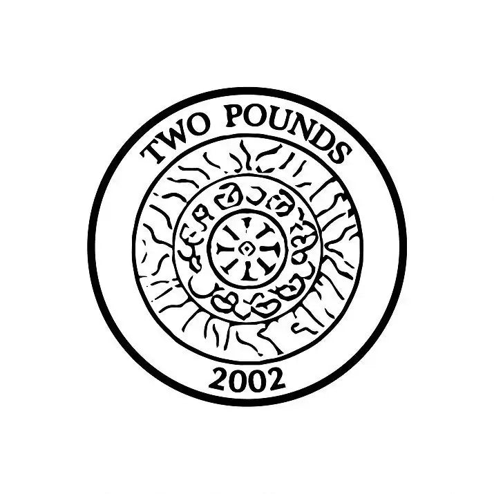 Black and white two pounds coin sticker with 2002 date and decorative design, reward sticker