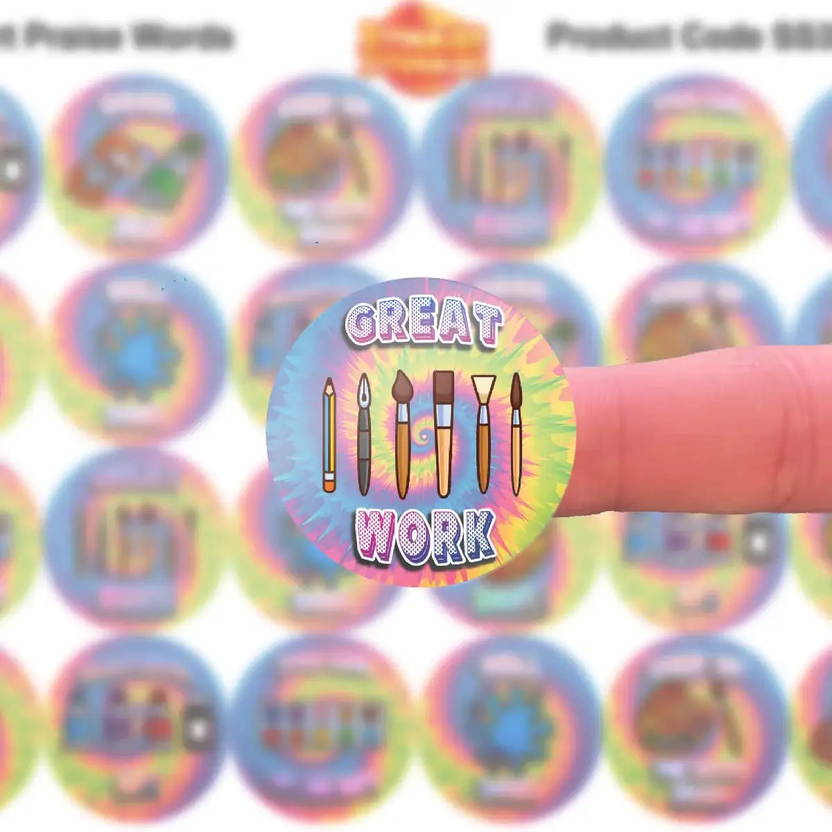Colorful 'Great Work' reward sticker with art tools on a finger, classroom sticker design