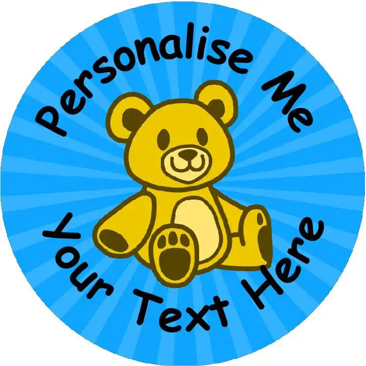 Customisable sticker with cute teddy bear on blue background, reward sticker for students