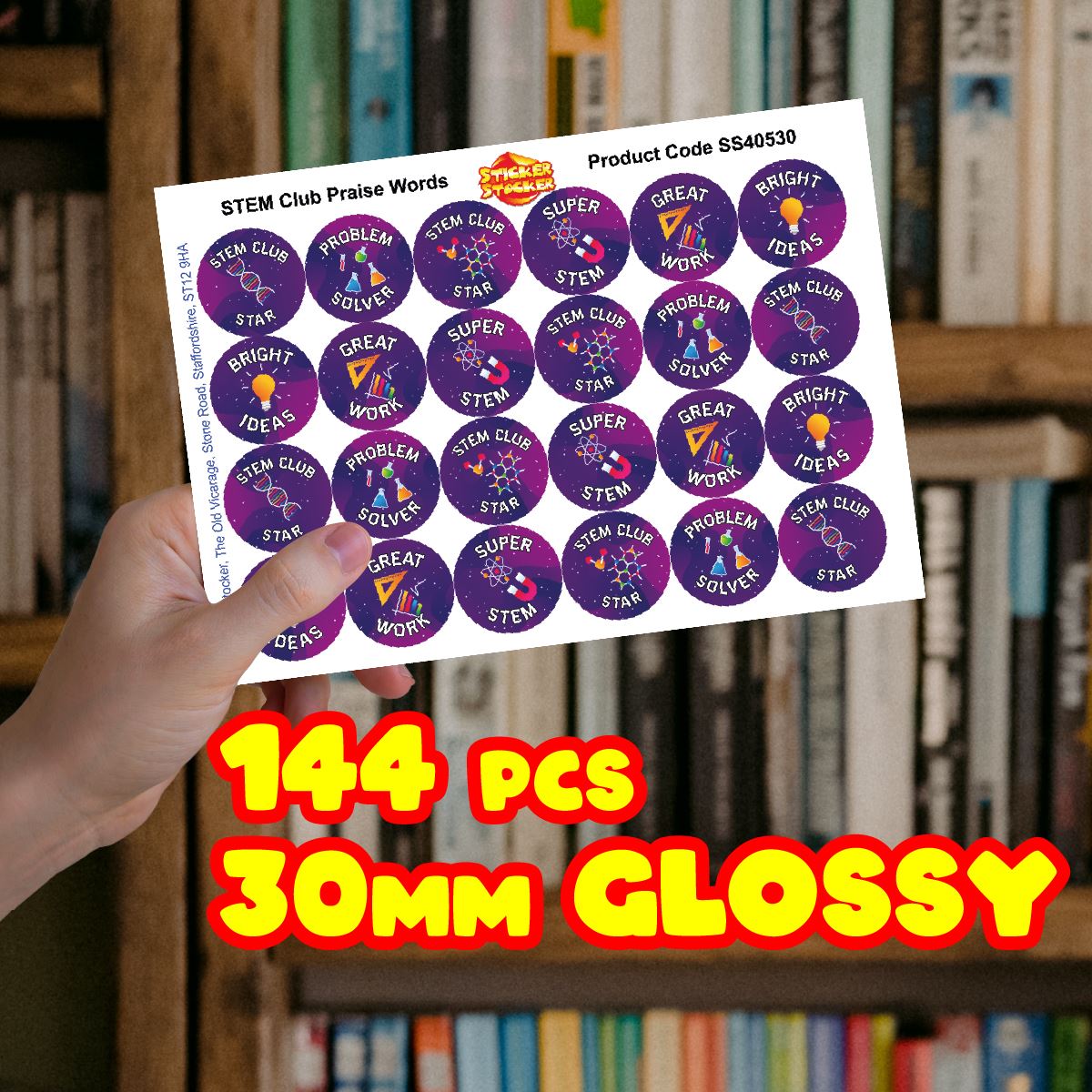 144 STEM Club Praise Words 30mm Reward Stickers for Teachers, Parents and Party Bags