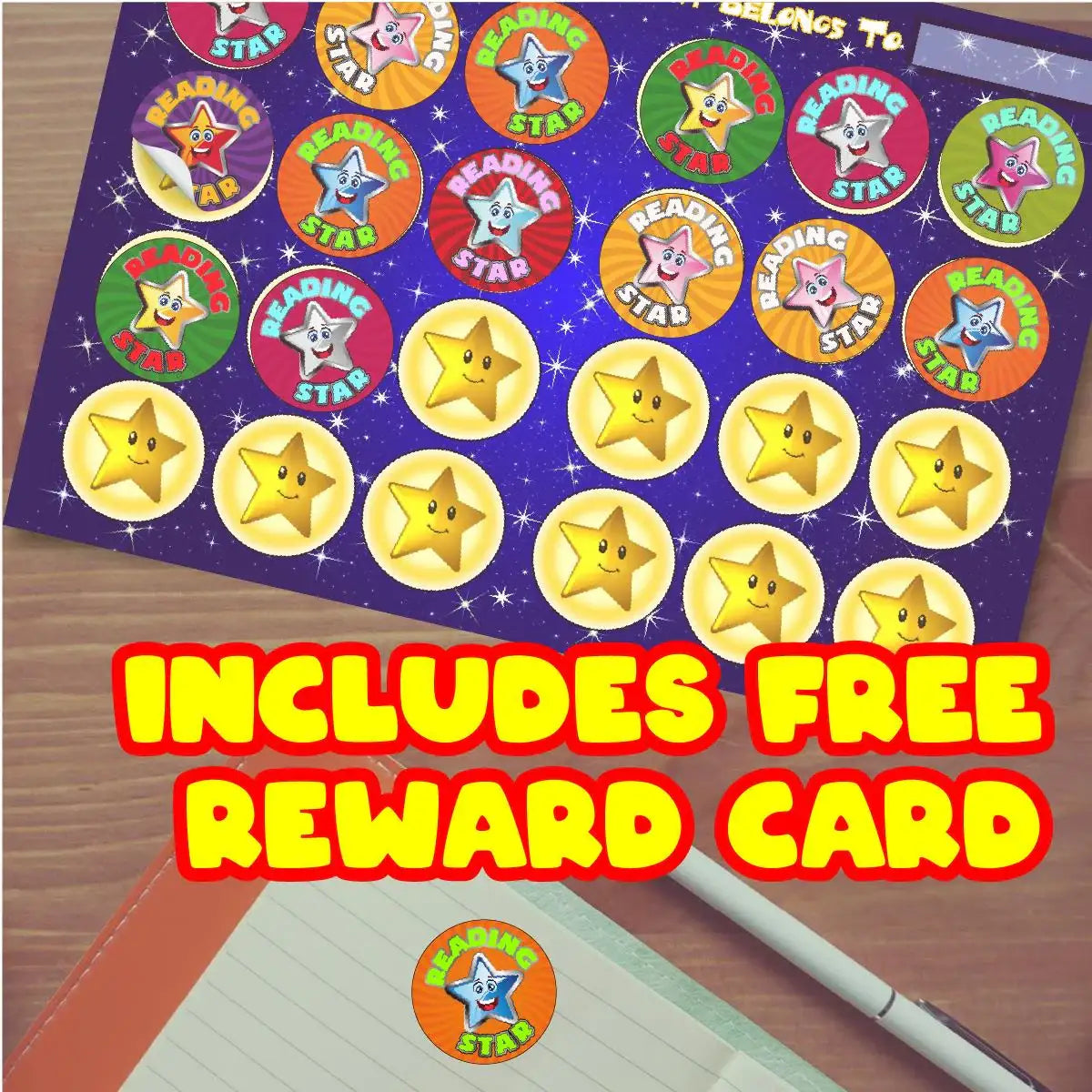 Colorful reading star stickers with smiling stars for student rewards, includes free reward card