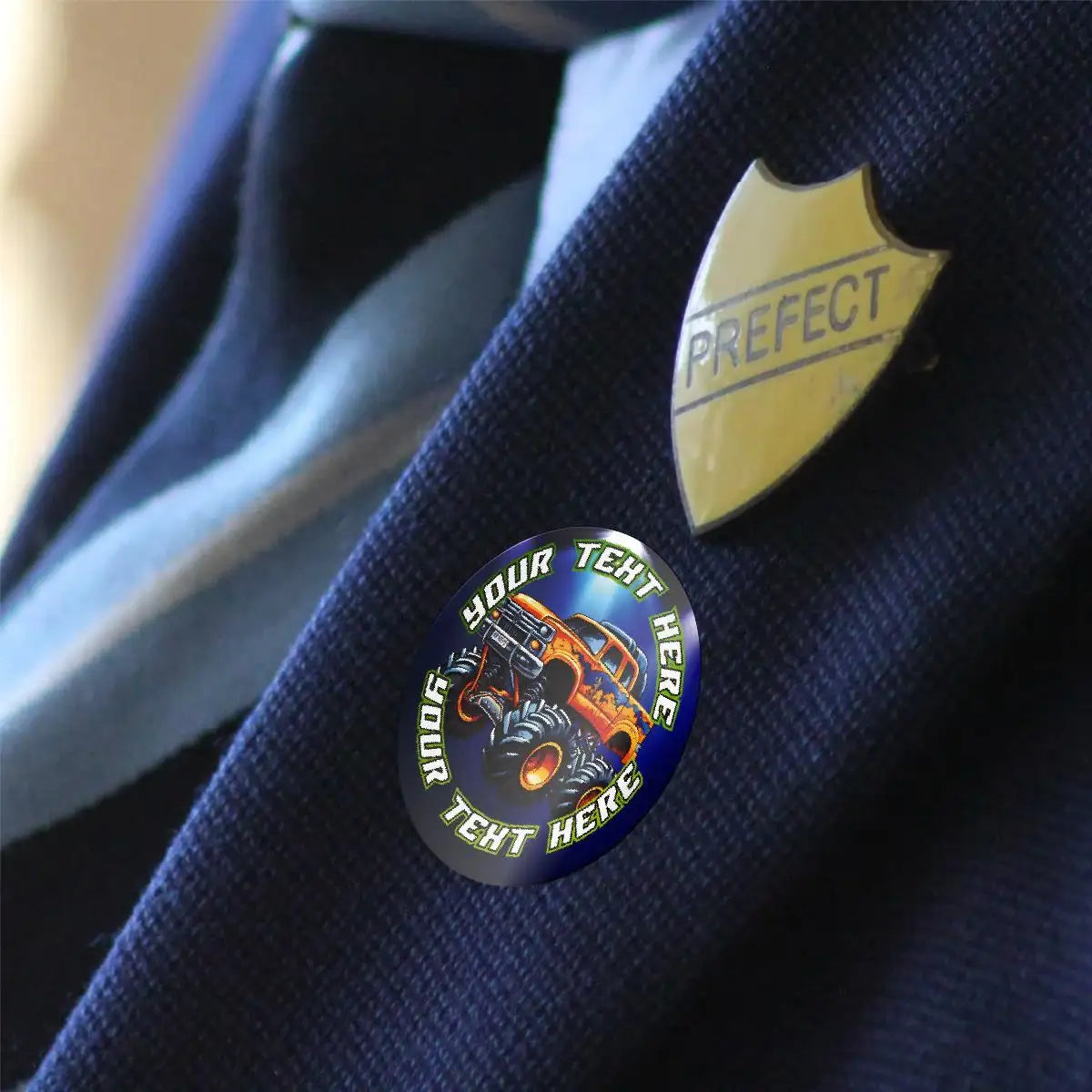 Prefect badge and customizable monster truck reward sticker on school uniform