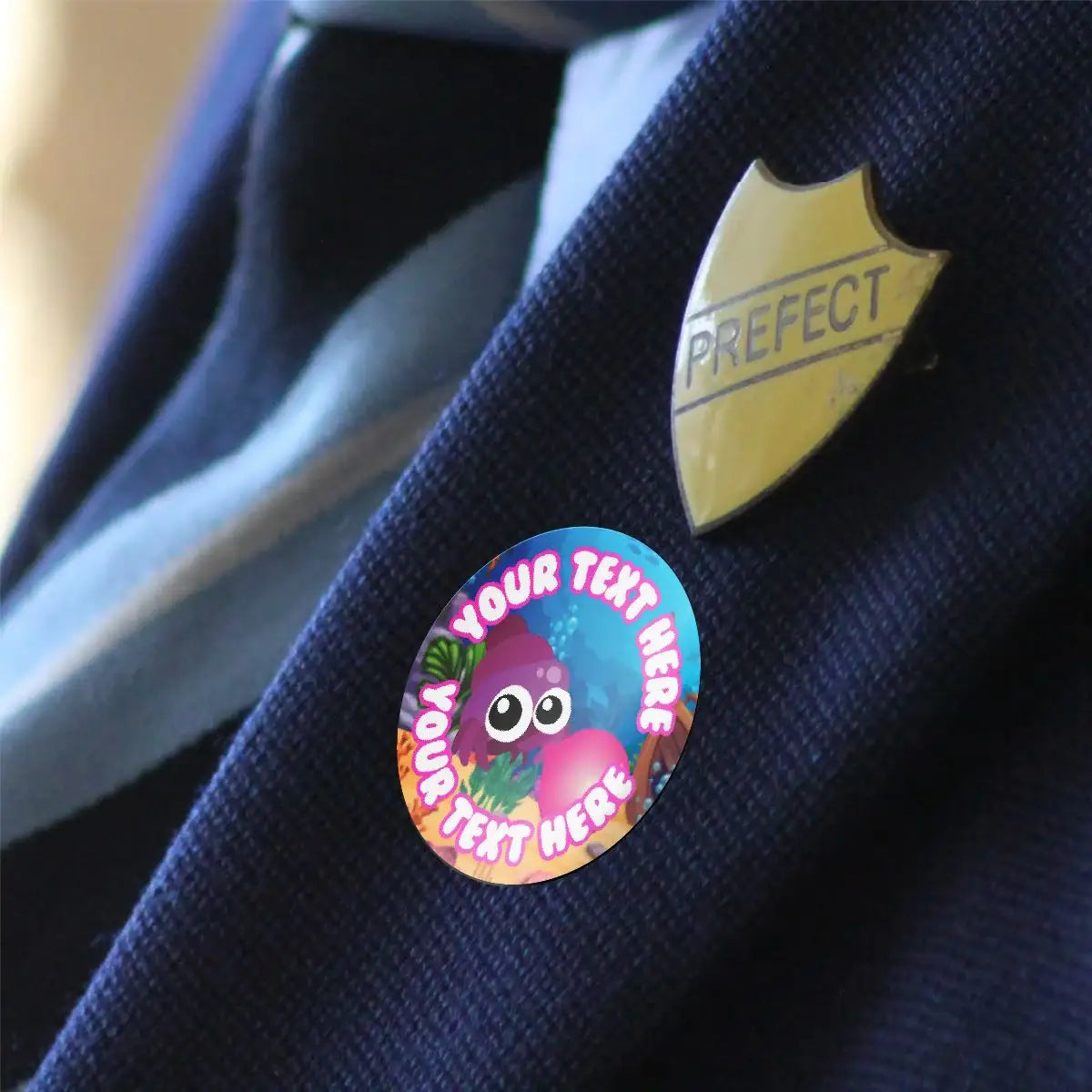 School blazer with prefect badge and colorful customizable reward sticker