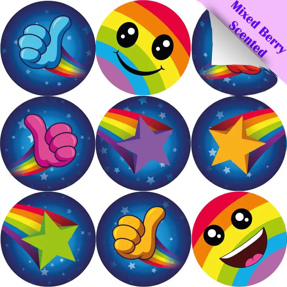 Mixed berry scented reward stickers with rainbow thumbs up, stars, and smiley faces.