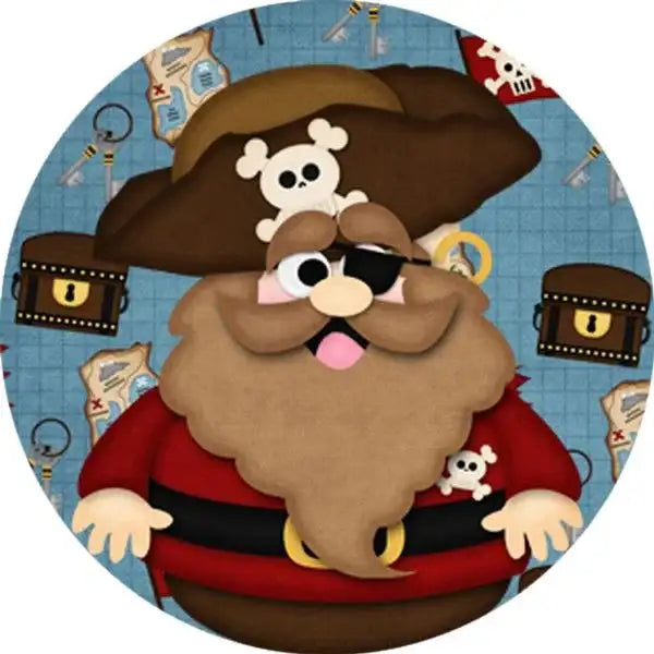 Cartoon pirate character with treasure maps, chests, and keys background, classroom sticker