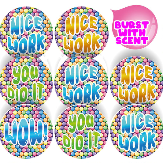 120 Bubblegum Praise 30mm Bubble Gum Scented Reward Stickers for Teachers, Parents and Party Bags