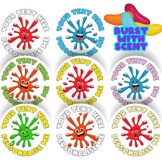 120 Jellybean Splat Scented Personalised Stickers - 30mm - School Teachers Parents