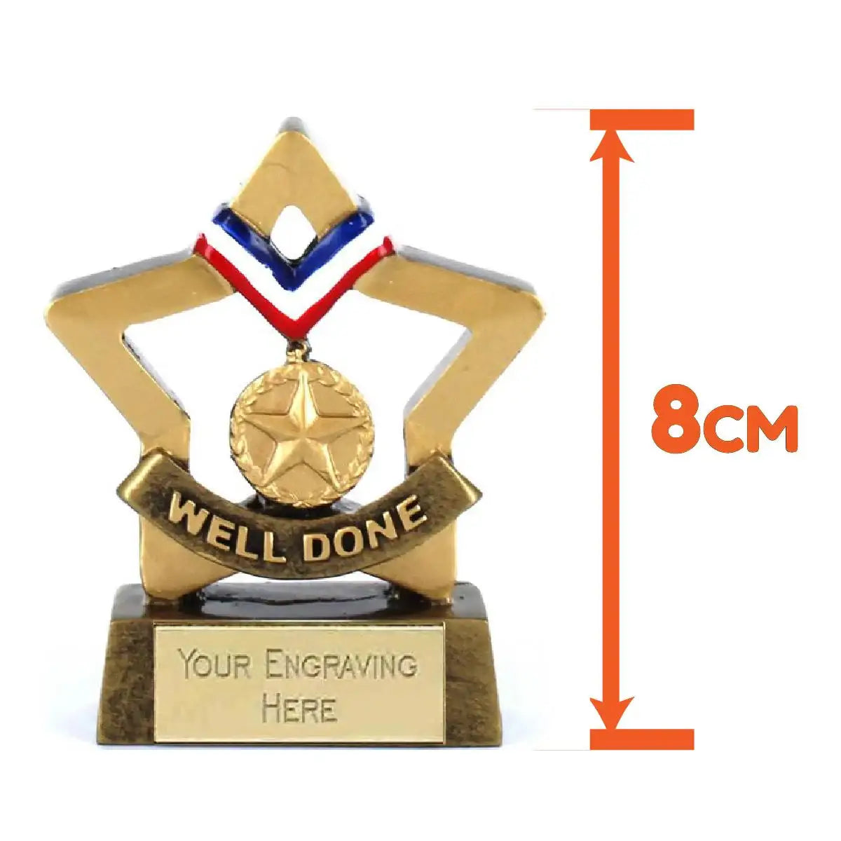 Gold star-shaped trophy with medal, 'Well Done' text, and customizable base, 8cm tall.