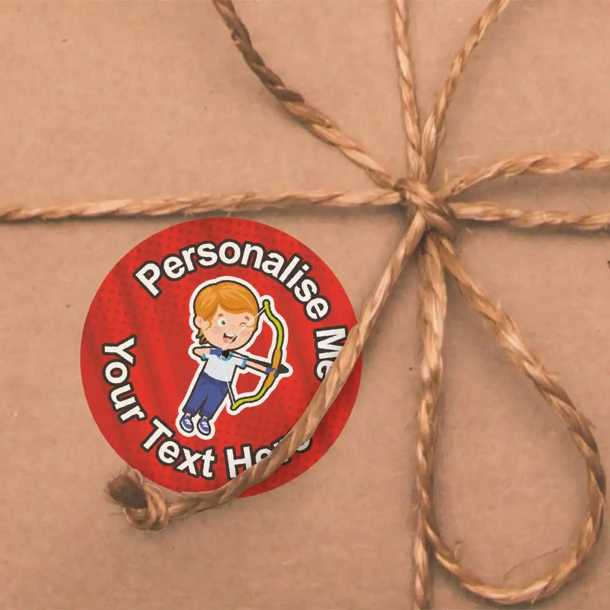 Personalised reward sticker with cartoon child archer on gift-wrapped brown package