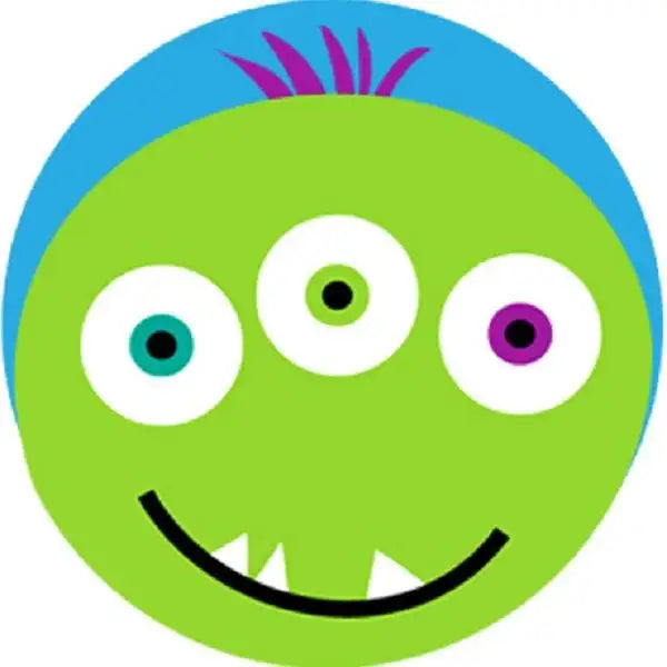 Colorful three-eyed cartoon monster face sticker with green skin and purple hair