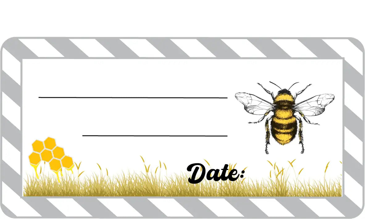 Bee name label sticker with honeycomb, grass, and lines for writing, ideal for classroom use