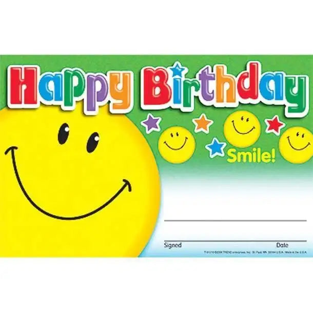 Happy Birthday reward certificate with colorful text, large yellow smiley face, stars, and space to sign.