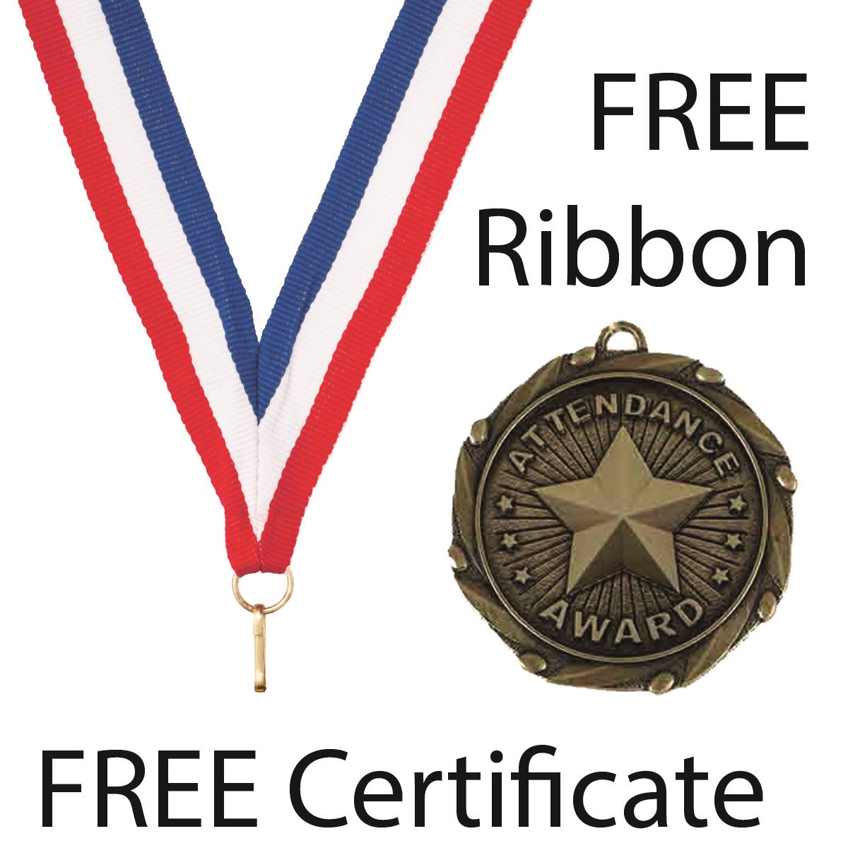 Attendance Award Medal with FREE Ribbon and Certificate 45mm Metal