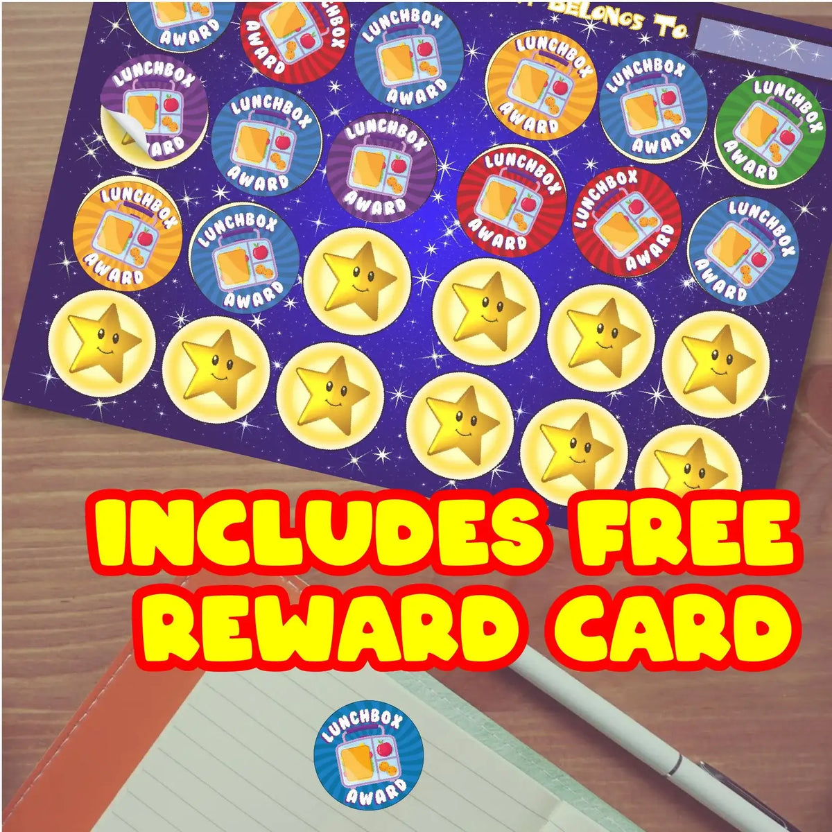 Lunchbox award reward stickers and star stickers sheet with free reward card for teachers