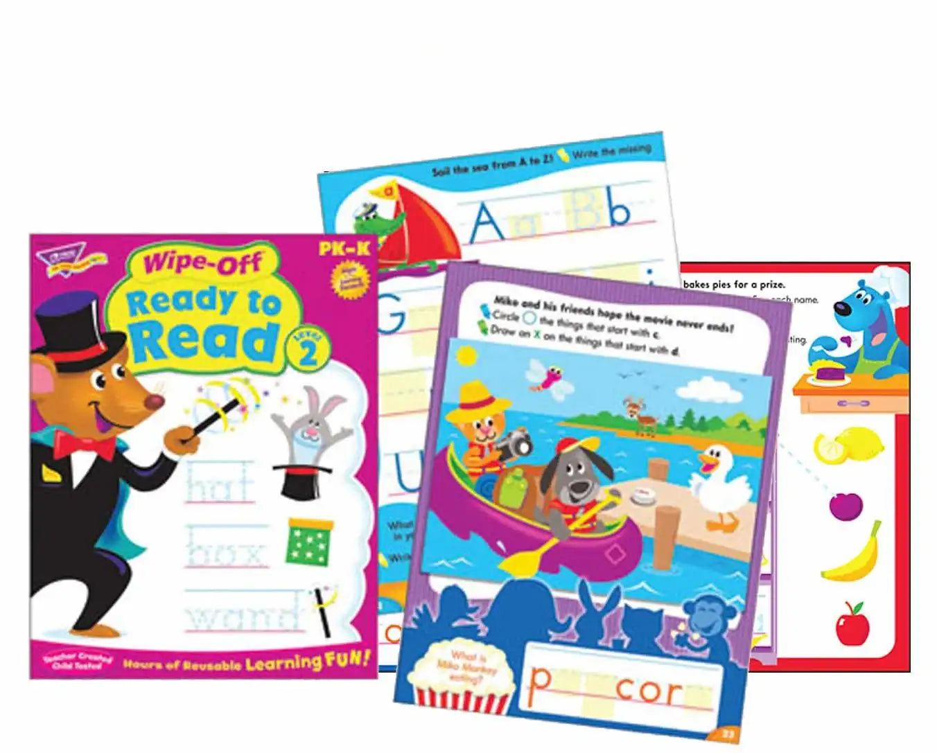 Colorful early reading activity books for preschool, featuring animals and letter tracing