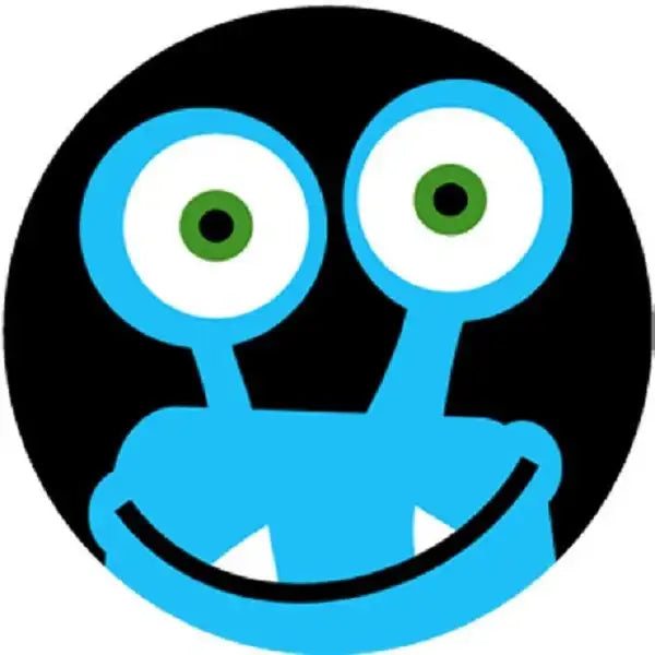 Blue cartoon monster face sticker with big green eyes and white teeth on black background
