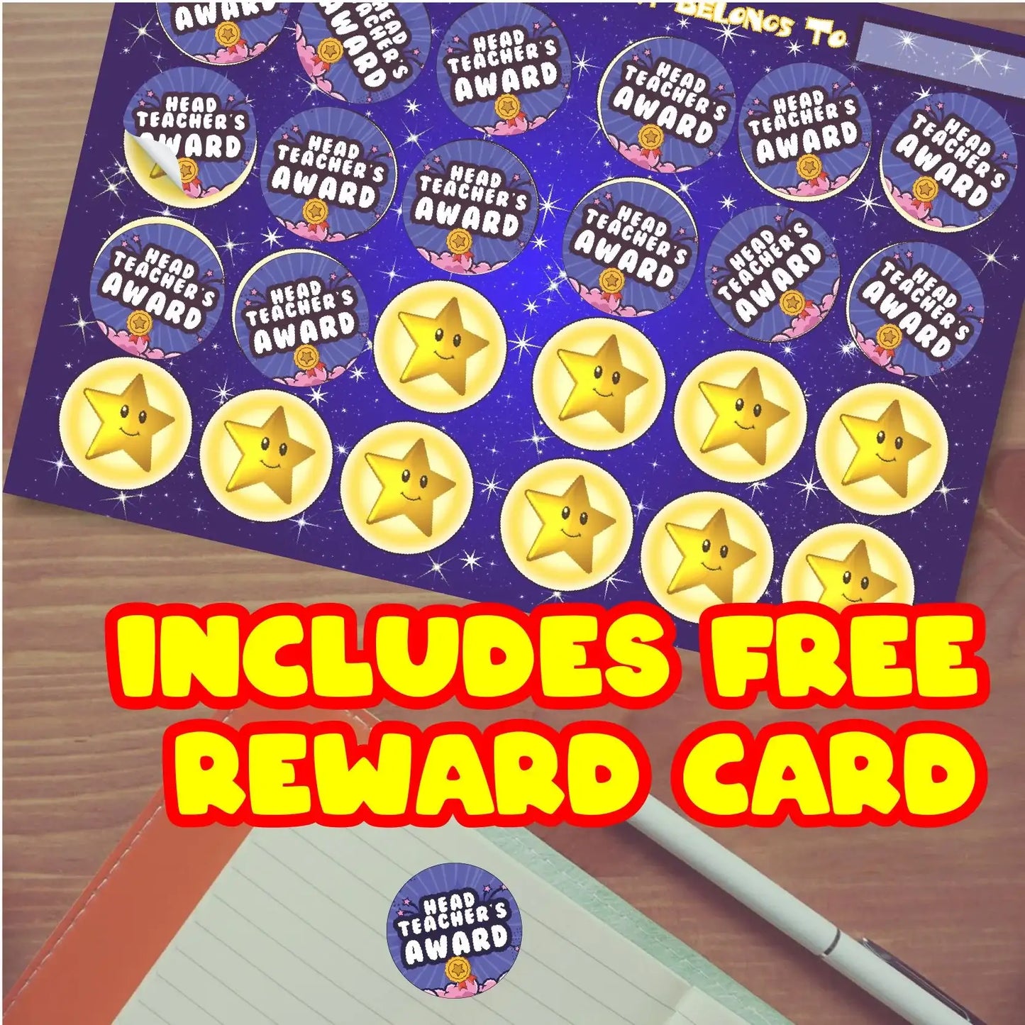Head Teacher's Award and star reward stickers for classroom motivation, includes free reward card