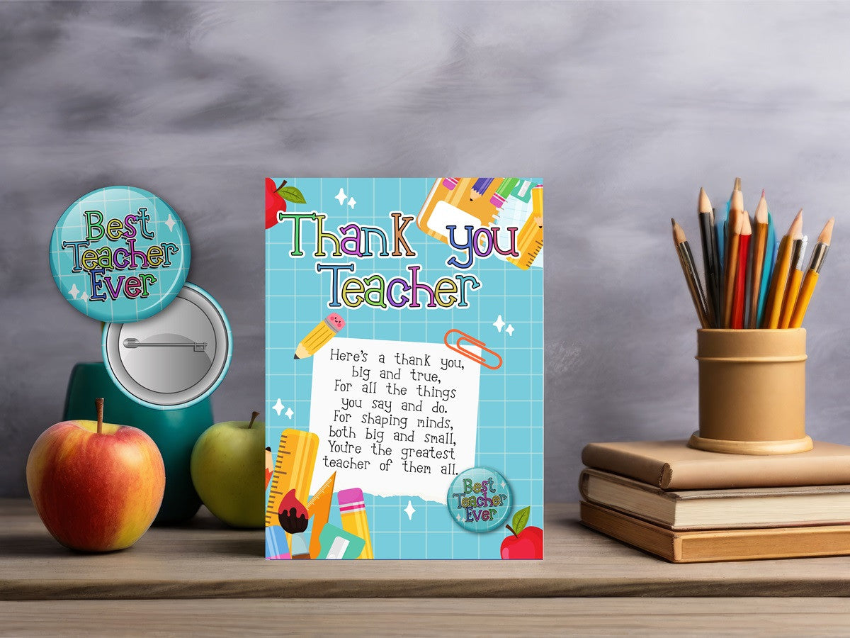 Thank You Teacher Greeting Card with FREE pin badge - Teacher Gifts - End of Term Gift -Teacher, School, Nursery, Parents