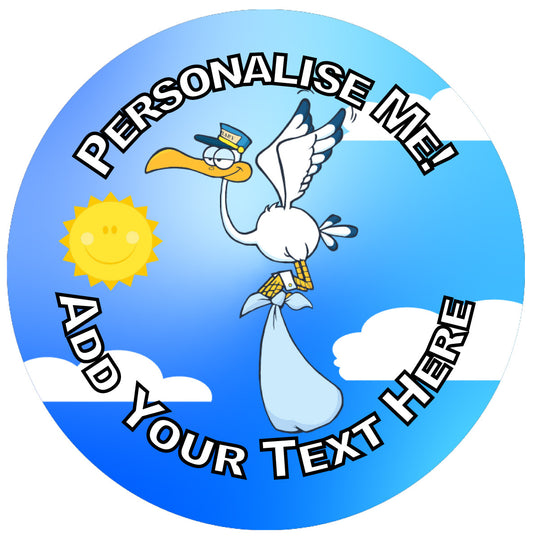 Sticker Stocker - 144 Baby Shower Stork - Blue 30mm Personalised Stickers