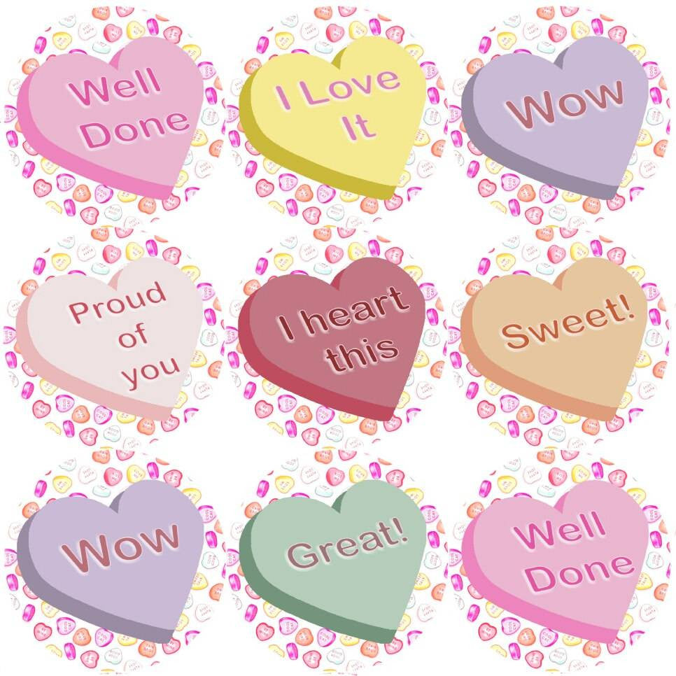 Sticker Stocker 144 Candy Hearts Praise Words 30mm Childrens Reward Stickers for Teachers or Parents