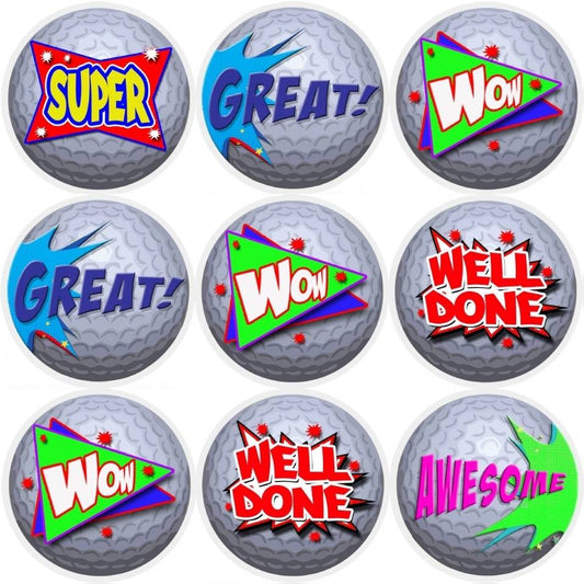 Sticker Stocker 144 Golf Ball Praise Words 30mm Reward Stickers for Teachers, Parents and Party Bags