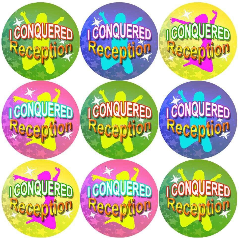 Sticker Stocker 144 I Conquered Reception - End of Term Year Pre-K Teacher Reward Stickers Size 30 mm