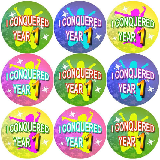 Sticker Stocker 144 I Conquered Year 1 - End of Term Year K Teacher Reward Stickers Size 30 mm