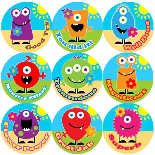 Sticker Stocker 144 Monster Flowers Praise Words 30mm Childrens Reward Stickers for Teachers or Parents