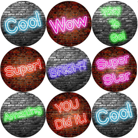 Sticker Stocker 144 Neon Praise Words 30mm Round Childrens Reward Stickers for Teachers, Parents and Party Bags