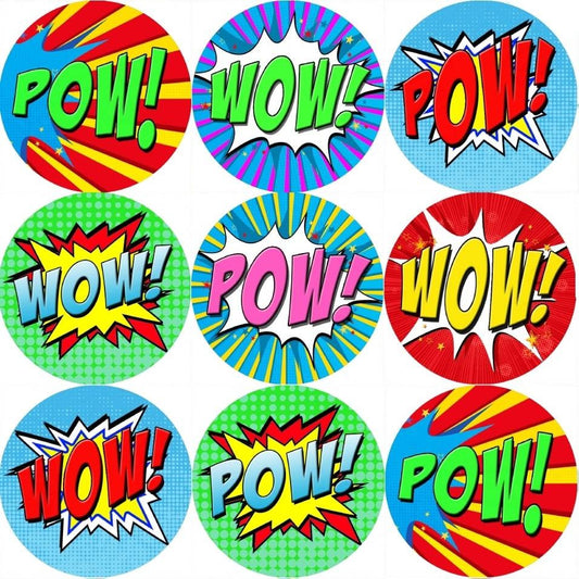 Sticker Stocker 144 POW WOW Superhero 30mm Reward Stickers for Teachers, Parents and Party Bags