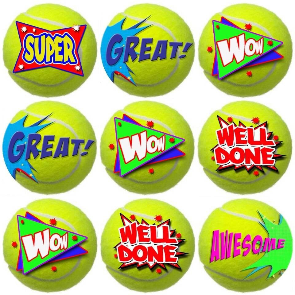 Sticker Stocker 144 Tennis Praise Words 30mm Reward Stickers for Teachers, Parents and Party Bags