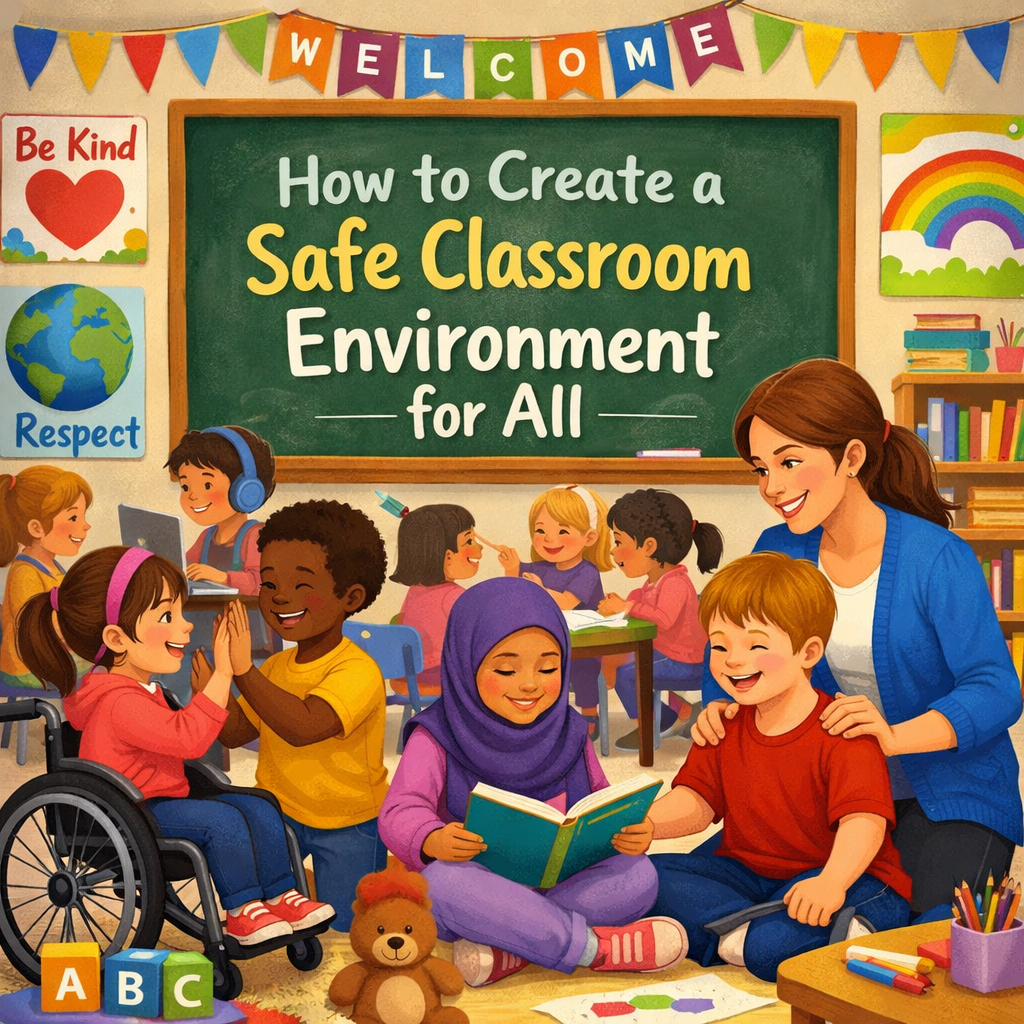 Diverse students and teacher in colorful, inclusive classroom promoting a safe learning environment.