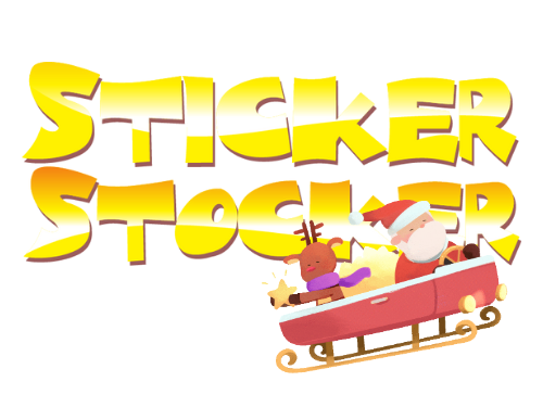 Santa and reindeer in sleigh with gifts, playful yellow Sticker Stocker text, festive design