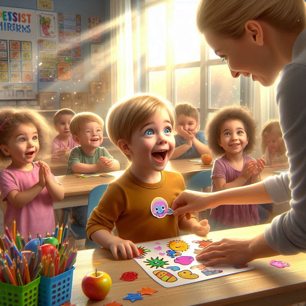 Teacher giving reward sticker to excited child in cheerful classroom with students