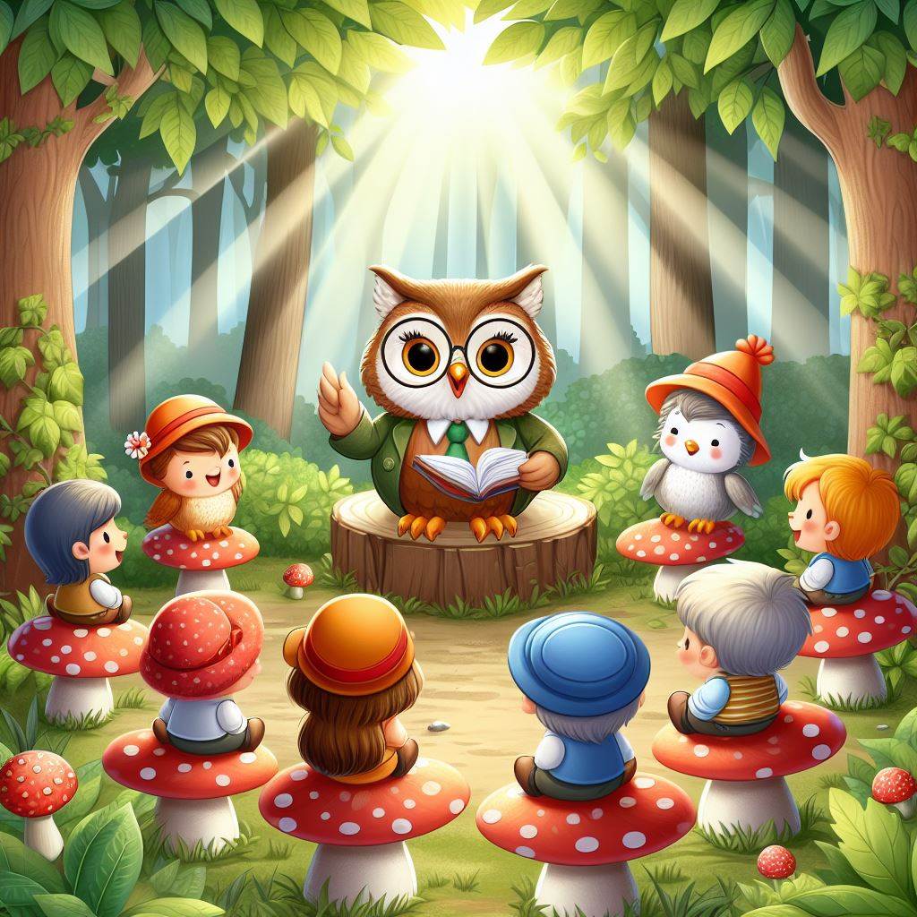 Cartoon owl teacher reading to children on mushroom seats in a sunny forest classroom setting