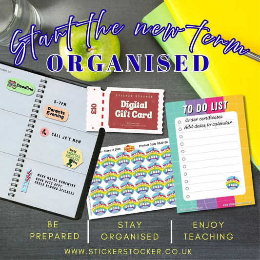 planner stickers for teachers with to-do list for planning, reward stickers and planner on a desk