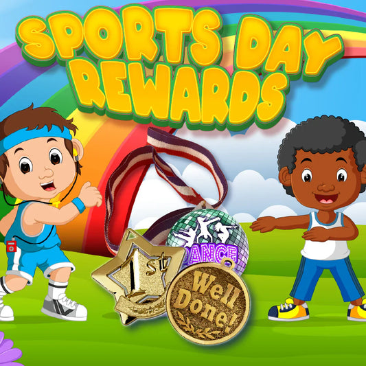 Sports day cartoon kids with medals, rainbow, and rewards text for classroom motivation