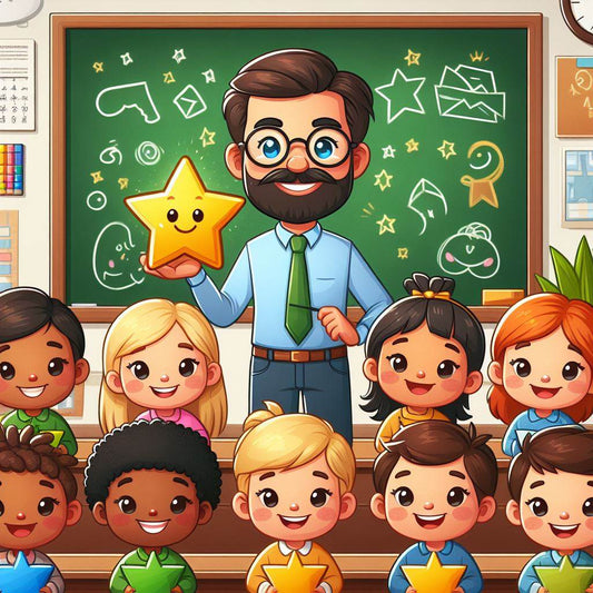 Teacher giving star reward stickers to smiling students in classroom with chalkboard background
