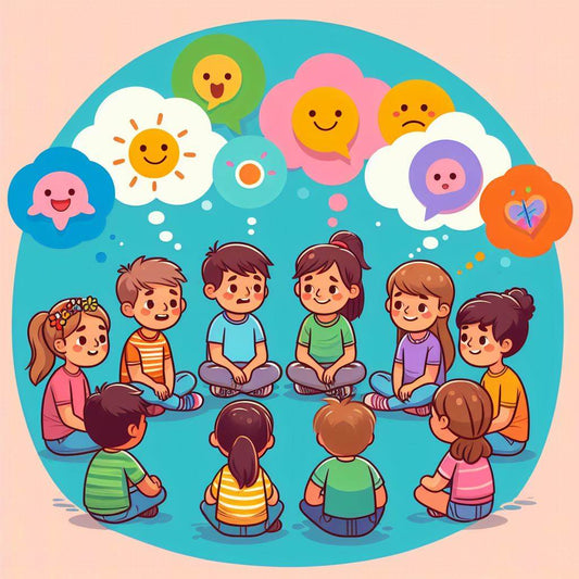 Group of diverse children sitting in a circle, sharing feelings with emoji thought bubbles, classroom reward stickers inspiration
